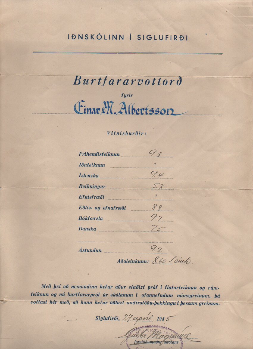 Burtfararskírteini frá Iðnskólanum í Siglufirði